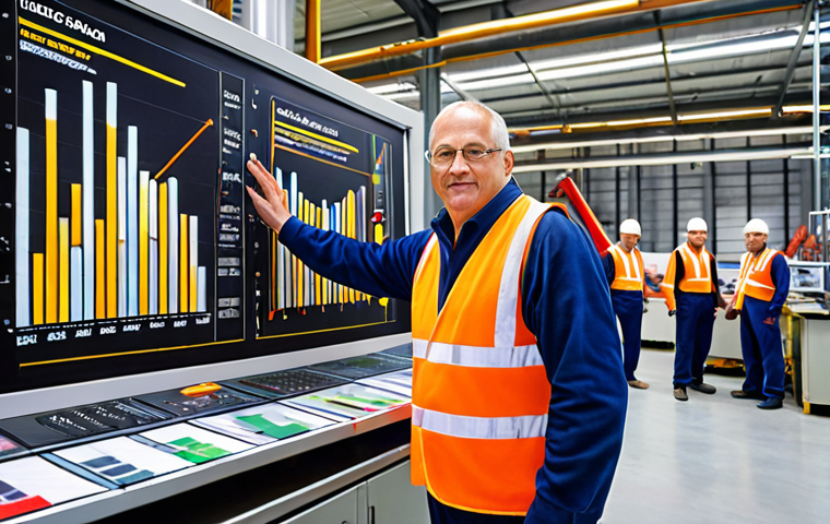 **
A seasoned production manager, distinguished by years of experience, confidently leading a team in a bustling factory setting. Showcasing expertise, with data charts displayed behind him, symbolizing salary growth with experience.
**