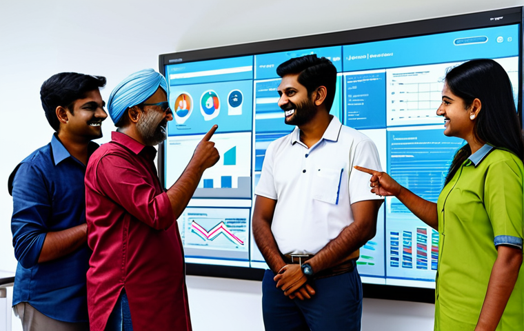 Collaborative Production**
A diverse team of Indian factory workers gathered around a large digital display showing social media analytics. They are pointing and discussing the data, with smiles and expressions of teamwork. The factory is modern and well-lit. Focus on collaboration and data-driven decision-making.
* **Keywords:** Teamwork, collaboration, data analysis, social media analytics, factory, Indian workers, modern, digital display
**