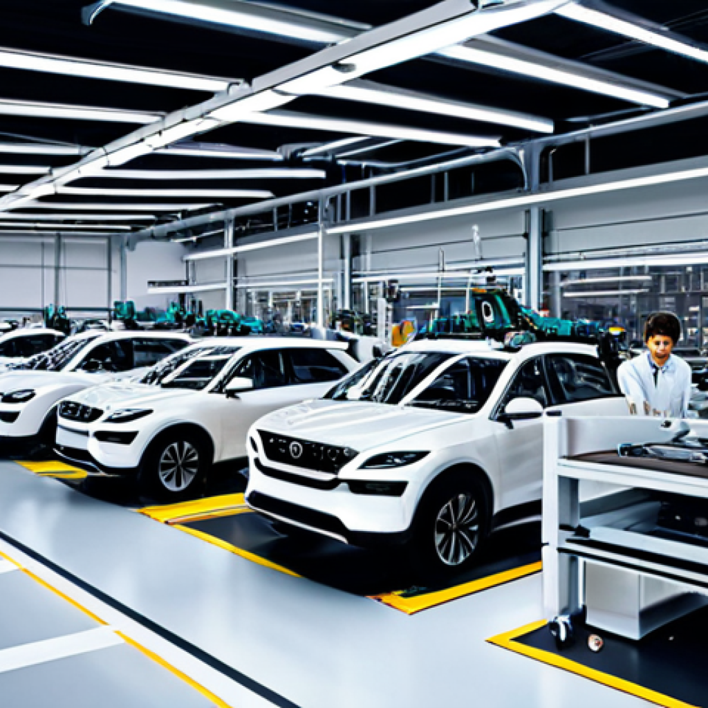 **
"A modern factory floor with smart automation, fully clothed workers monitoring robotic arms assembling car parts, data dashboards displayed on screens, bright lighting, clean environment, professional setting, safe for work, appropriate content, perfect anatomy, natural proportions, modest clothing, high-quality render."
**