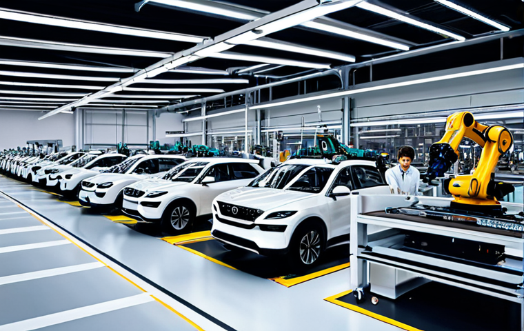 **
"A modern factory floor with smart automation, fully clothed workers monitoring robotic arms assembling car parts, data dashboards displayed on screens, bright lighting, clean environment, professional setting, safe for work, appropriate content, perfect anatomy, natural proportions, modest clothing, high-quality render."
**