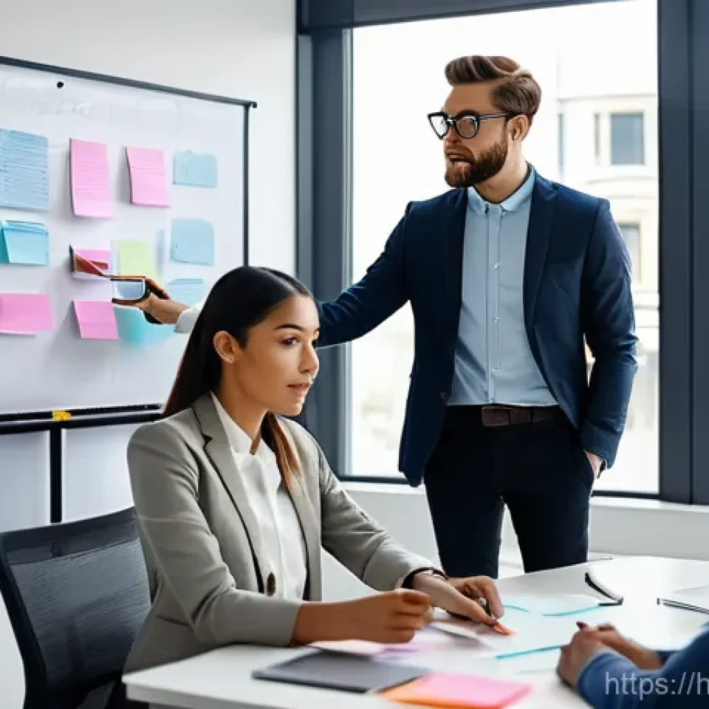 생산관리 업무에서의 창의적 사고 사례 - **Collaborative Brainstorming Session:**
"A diverse team of young, fully clothed professionals (...