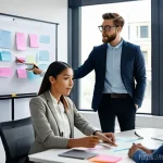 Home 9 생산관리 업무에서의 창의적 사고 사례 - **Collaborative Brainstorming Session:**
"A diverse team of young, fully clothed professionals (...