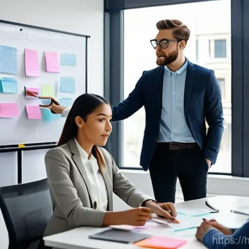 Home 3 생산관리 업무에서의 창의적 사고 사례 - **Collaborative Brainstorming Session:**
"A diverse team of young, fully clothed professionals (...