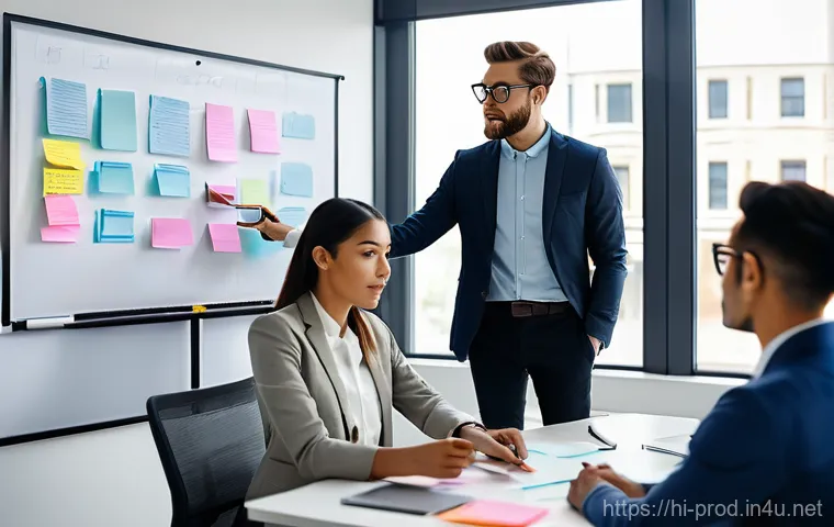 생산관리 업무에서의 창의적 사고 사례 - **Collaborative Brainstorming Session:**
"A diverse team of young, fully clothed professionals (...